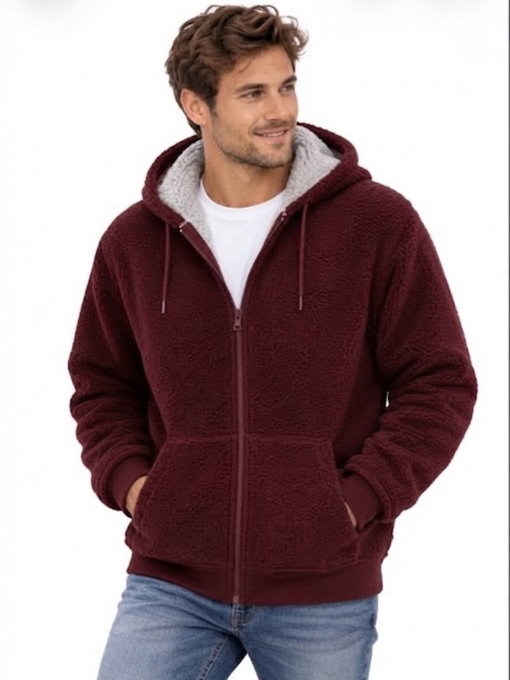 ⁠Saks Fifth Avenue Burgundy Sherpa Lined Zip Up Hoodie L Unisex Maroon Jacket